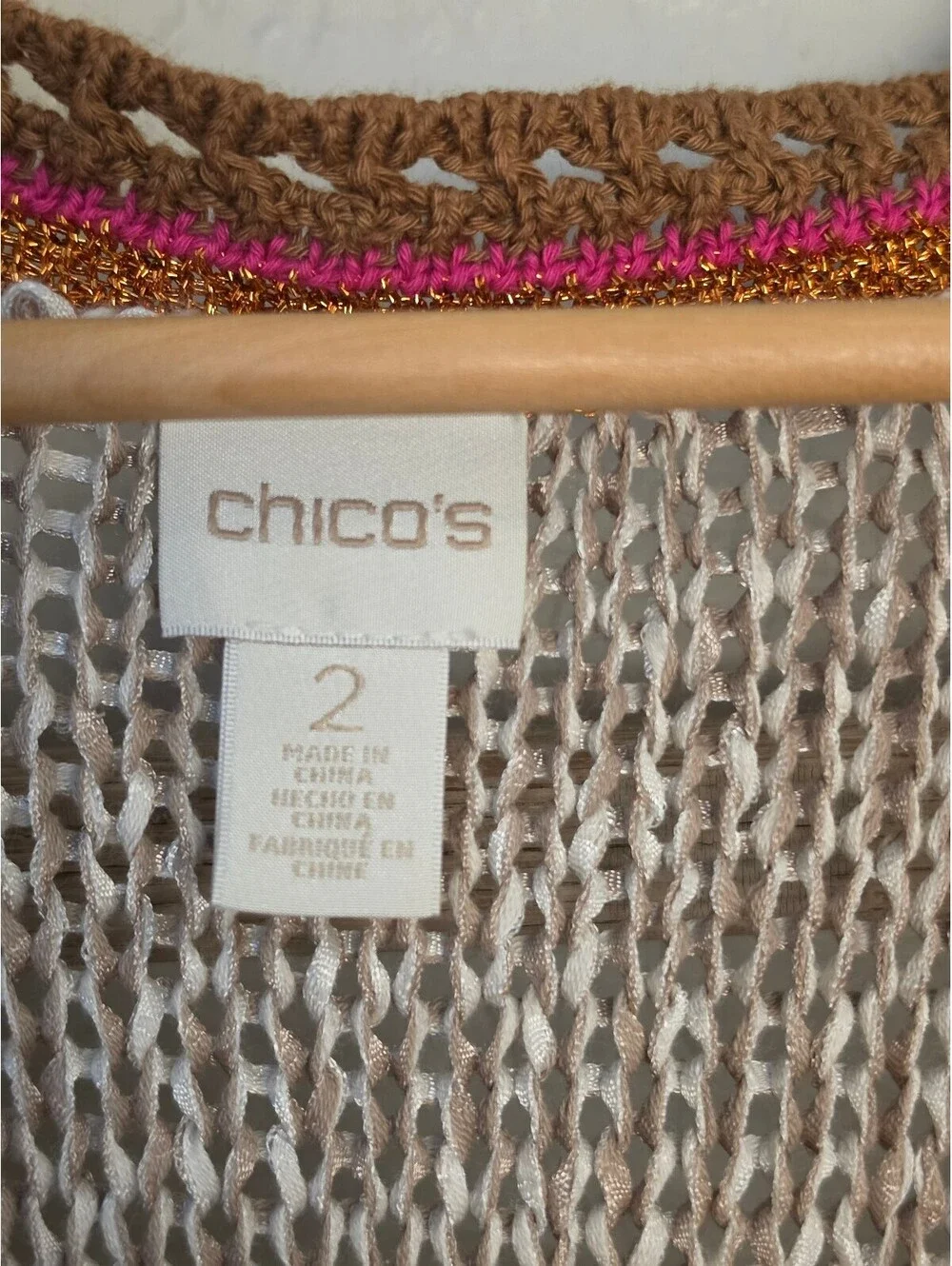 Chico's Women's Knit Open Front Cardigan Sweater Size 2 Beige Pink Brown
